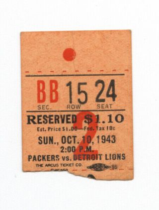 1943 Green Bay Packers Vs.  Detroit Lions Ticket Stub 10/10/1943
