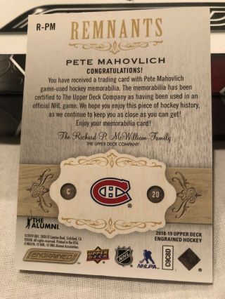 Pete Mahovlich UD 18/19 Engrained Remnants Game Memorabilia 50/100 Montr 2