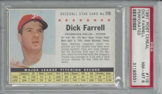 1961 Post Cereal 115 Dick Farrell Philadelphia Phillies Perforated Psa 8