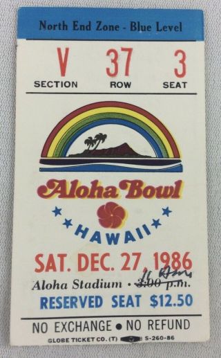 Cfb 1986 12/27 Aloha Bowl Football Ticket Stub - North Carolina Vs.  Arizona