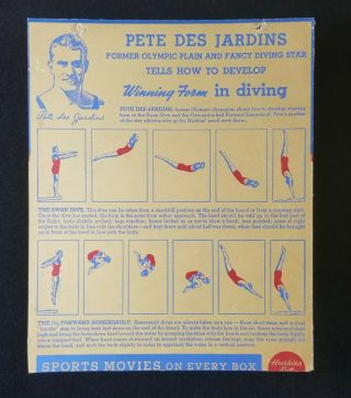 1937 Huskies Cereal Box Back Panel Pete Des Jardins Olympic Diver Vg