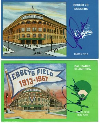 Brooklyn Dodger Hero Johnny Podres Two Autographed Ebbets Field Post Cards