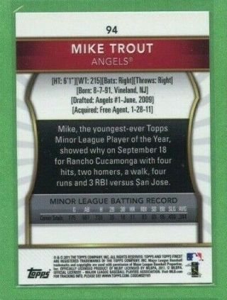 MIKE TROUT 2011 TOPPS FINEST ROOKIE CARD 94 ANGELS RC 2