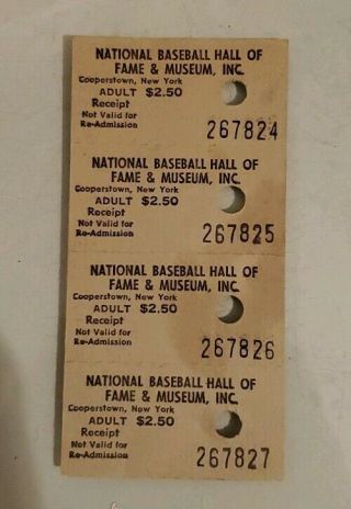 Vintage National Baseball Hall Of Fame Museum Tickets Cooperstown Ny $2.  50 Adult