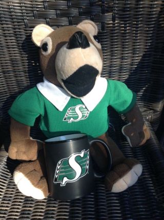 Saskatchewan Roughriders Gainer Gopher Plush Mascot Signed,  Riders Coffee Cup
