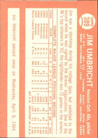 1964 Topps Houston Colt.  45s Baseball Card 389 Jim Umbricht - EX - MT 2