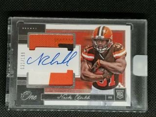 2018 Panini One Nick Chubb Rookie Dual Jersey Patch Auto Encased 21/199