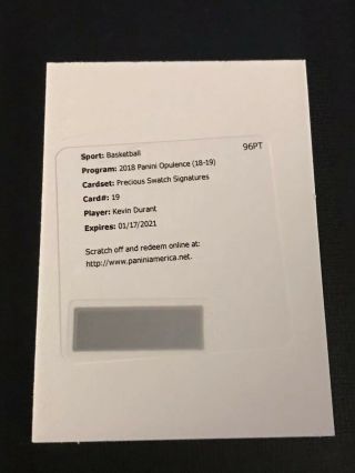 2018 - 19 Opulence Kevin Durant Game Precious Swatch Signatures Patch Auto
