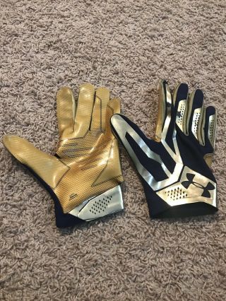 Notre Dame Football Under Armour Team Issued Gloves Blue Gold Large Nd