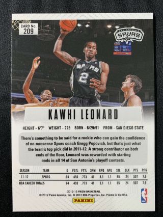 2012 - 13 Panini Prizm Kawhi Leonard RC Rookie NBA Basketball Spurs/Clippers  3
