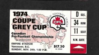 1974 Cfl Football Grey Cup Ticket,  At Vancouver,  $17.  50,  2 1/2 X 4 1/2,  Nov 24