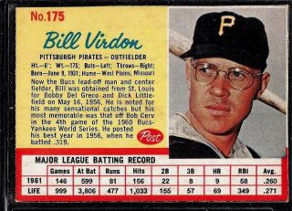 1962 Post Baseball Pittsburgh Pirates Bill Virdon Card 175 Box Hand Cut Ex - Mt