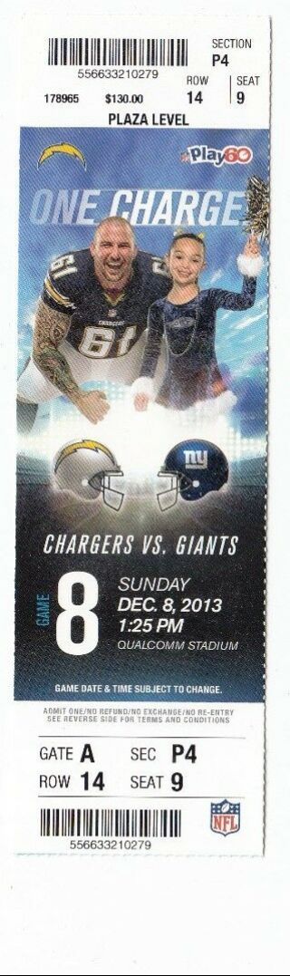 2013 San Diego Chargers Vs York Giants Ticket Stub 12/8/13 Eli Manning