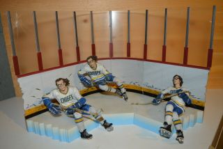 All 3 Slap Shot Hanson Brothers Chiefs Hockey W/ Boards & Ice By Mcfarlane.