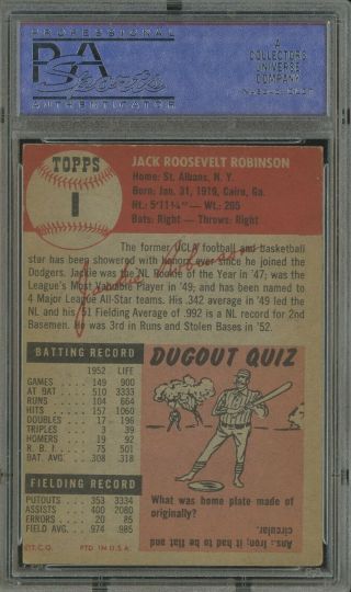 JACKIE ROBINSON 1953 TOPPS BASEBALL 1 PSA 5 EX BROOKLYN DODGERS HOF 2