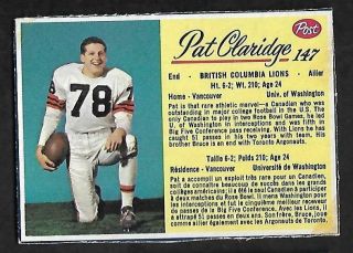 1963 Post Cfl Football: 147 Pat Claridge,  B.  C.  Lions