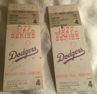 (2) 1977 Dodgers Vs Yankees World Series Ticket Stubs Game 4 Club Box F 1&2