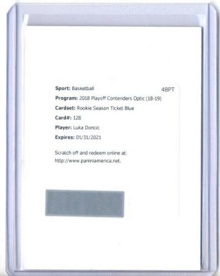 Luka Doncic 2018 - 19 Contenders Optic Rookie Ticket Blue Auto Autograph Rc /99