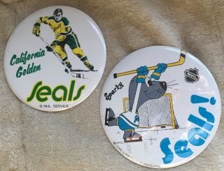 Two Gigantic Ca.  1974 California Golden Seals Nhl Hockey 6 Inch Buttons Sparkey