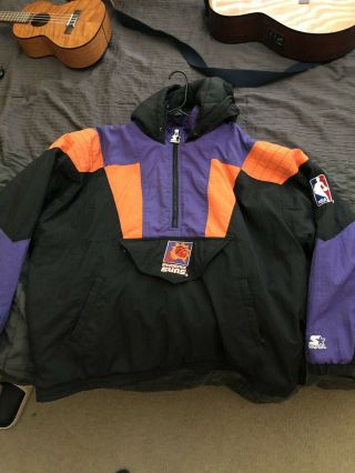 Phoenix Suns Starter Nba Puffer Hoodie Jacket Coat 90s Sz Xl Vtg Big Logo Puffy