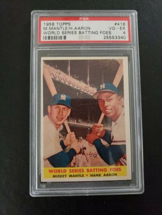1958 Topps 418 Mickey Mantle Hank Aaron Psa 4 Vg - Ex Yankees Braves Hof