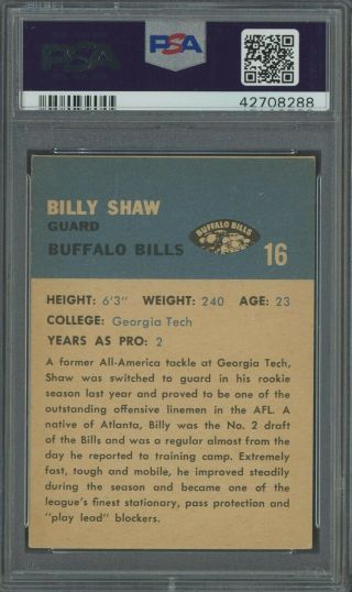 1962 Fleer Football 16 Billy Shaw Buffalo Bills RC Rookie HOF PSA 6 EX - MT 2