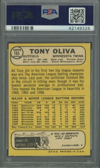 1968 Topps Milton Bradley 165 Tony Oliva Twins PSA 9 POP 2 NONE HIGHER 2