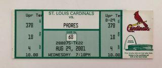 Albert Pujols Home Run 31 Ticket St Louis Cardinals Vs Padres 8/29/01