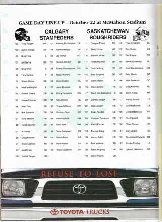 1995 CFL FOOTBALL PROGRAM: SASKATCHEWAN ROUGHRIDERS at CALGARY STAMPEDERS OCT 22 2
