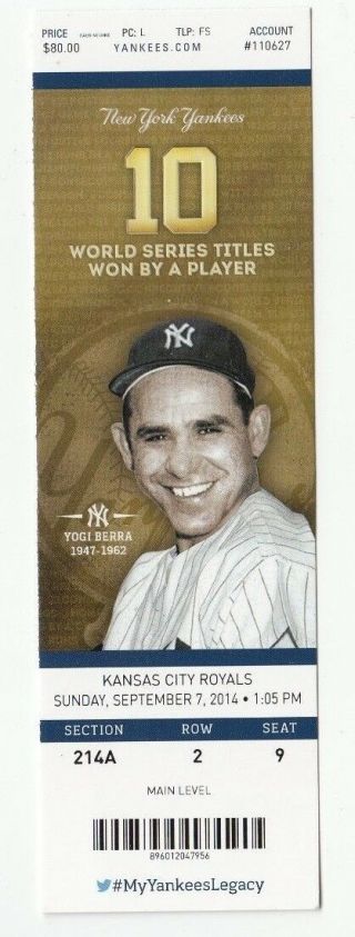 2014 York Yankees Ticket Stub With Yogi Berra Pictured On Random Game