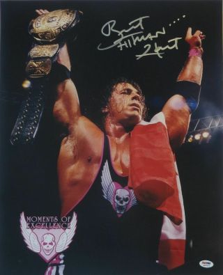 Bret The Hitman Hart Signed Wwe 16x20 Photo W/ Wwf Winged Eagle Belt Psa/dna