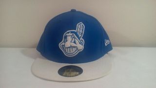 Cleveland Indians Sewn Chief Wahoo Cap Hat Era Mens Fitted 7 Blue White