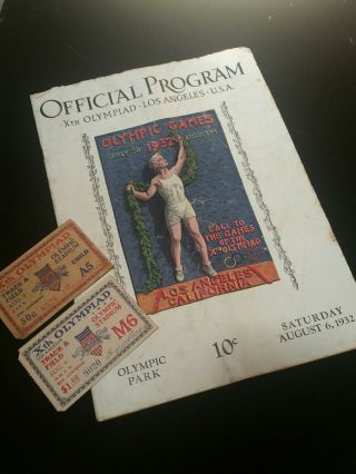 Official 1932 Xth Olympics Los Angeles Program And 2 Tickets