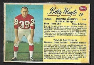 1963 Post Cfl Football: 14 Billy Wayte Rc,  Montreal Alouettes