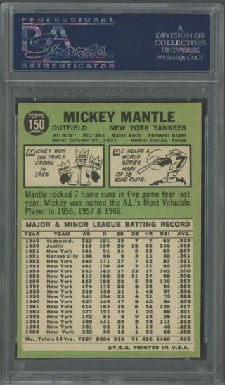 1967 Topps 150 Mickey Mantle York Yankees HOF PSA 7 NM 2