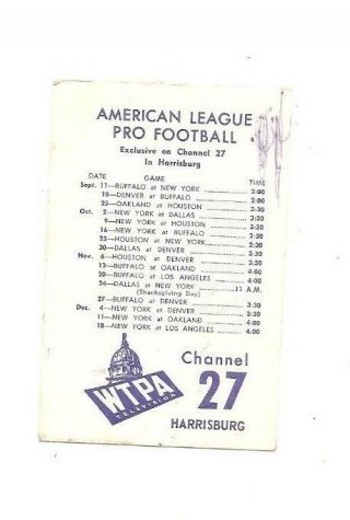 1960 American Football League And Ncaa Pocket Schedule,  Wtpa Harrisburg Pa