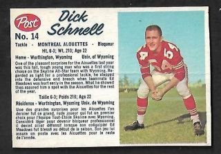 1962 Post Cfl Football: 14 Dick Schnell Rc,  Montreal Alouettes