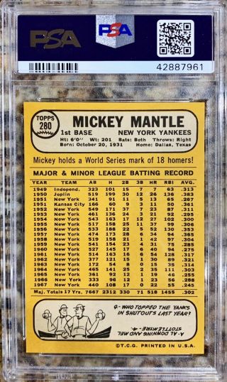 1968 TOPPS MICKEY MANTLE 280 YORK YANKEES PSA 7 2