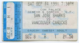 Sept 14,  1991 San Jose Sharks 1st Ever Home Game Vs.  Canucks Ticket Stub
