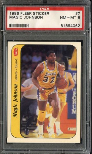 1986 - 87 Fleer Stickers 7 Magic Johnson Psa 8 Lakers Hof K3316