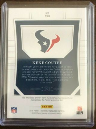 2018 Panini National Treasures Keke Coutee RC 3 Color Patch Auto 194 ' d 28/99 2