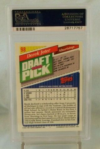 DEREK JETER PSA 9 RC 1993 Topps Gold 98 Rookie Card 1992 Draft Pick SP Yankees 2