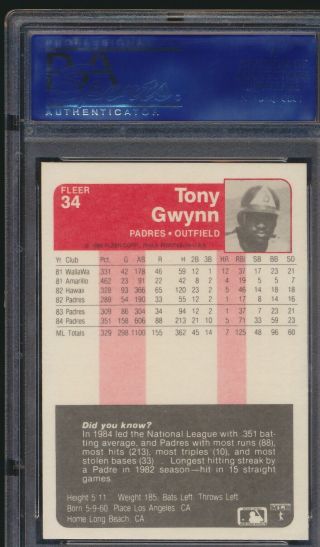 Sharp 1985 Fleer 34 Tony Gwynn PSA 9 San Diego Padres Baseball Card (MG) 2