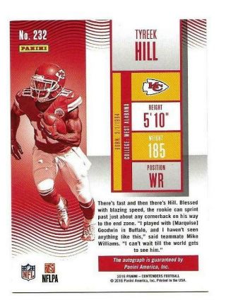 2016 PANINI CONTENDERS TYREEK HILL ROOKIE TICKET AUTO RC CHIEFS 232 3 DAY AUCT 2