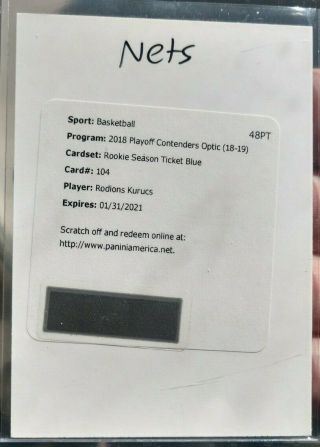 Rodions Kurucs 2018 - 19 Contenders Optic Rookie Ticket Blue Auto Rc Redemption