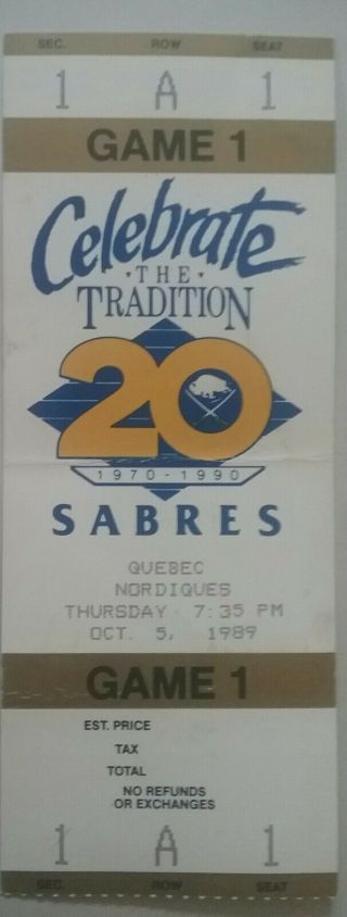 Buffalo Sabres Vs Quebec Nordiques Vintage Ticket Stub - October 5,  1989