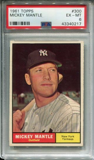 1961 Topps 300 Mickey Mantle Psa 6 Ex - Mt York Yankees