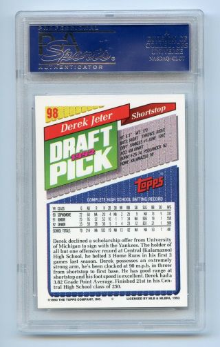 Derek Jeter PSA 9 RC 1993 Topps Gold 98 Rookie Card 1992 Draft Pick SP Yankees 2