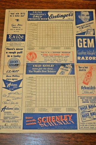 Official 1950 Philadelphia Phillies Chicago Cubs Score Card Scorecard Program 4