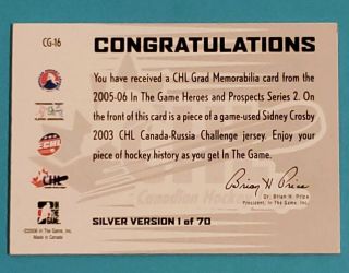 2005 - 06 In the Game Heroes & Prospects CHL Grad Memorabilia Sidney Crosby Silver 2